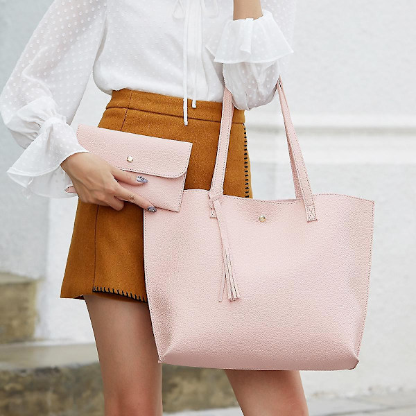 2 st Pu Läder Tote Väskor Handväska Satchel Stor Kapacitet Messenger Väskor Handväska För Kvinnor Rosa)