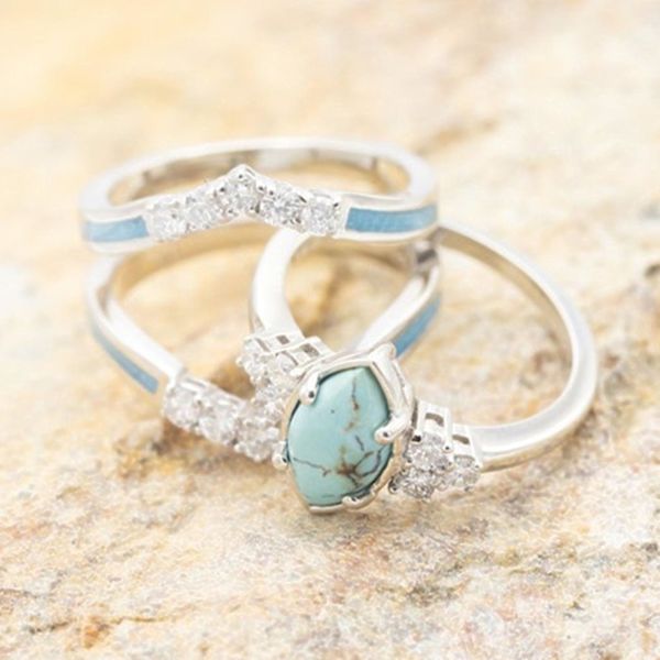 3 stk./sæt Kvinders Ringe Sæt Faux Turkis Sten Elegant Øjnefangende Kvinders Circlet Sæt Til Gave Silver US 11