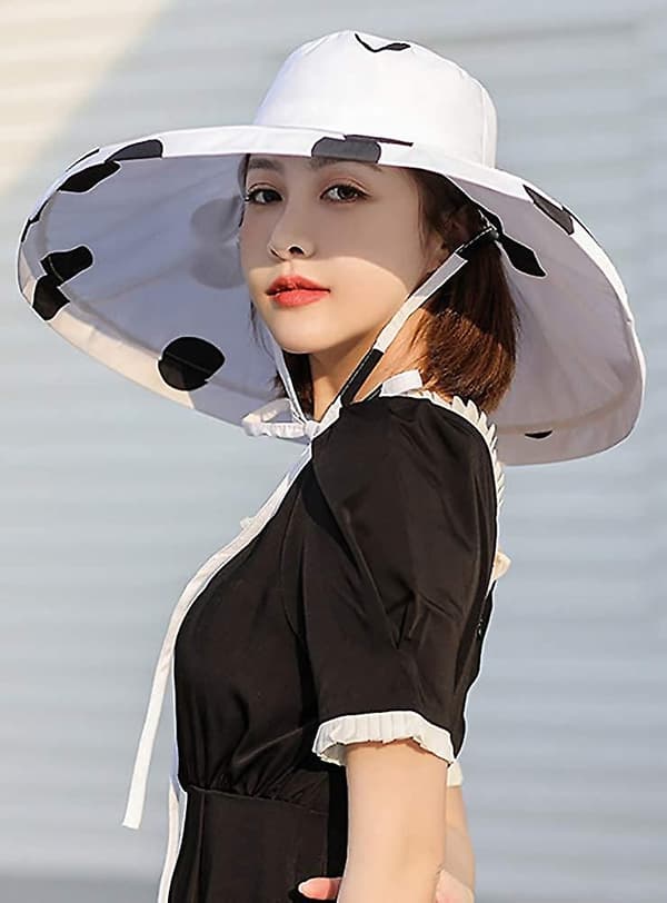 Dame Solhat Bred Skygge Upf 50+ Sommerhat Sammenfoldelig Floppy Strandhat Til Kvinder One Side Dot White