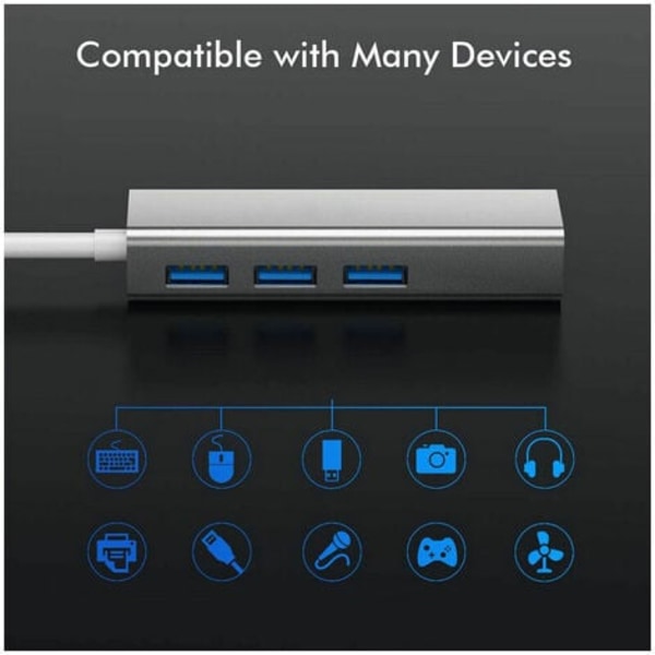 USB-C til Gigabit Ethernet Adapter USB-C til USB 3.0 10/100/1000 RJ 45 LAN Netværksadapterkabel, understøtter Windows 8/7/10