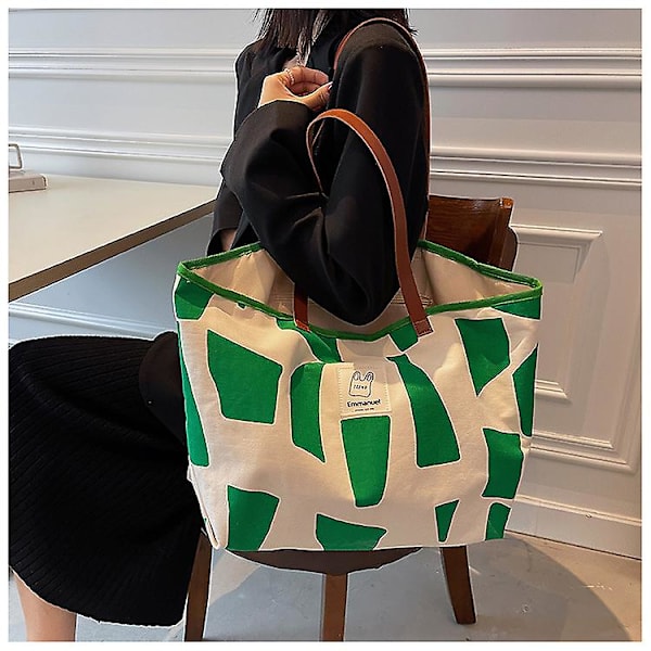 Dam Canvas Väska Stor Handväska Tote Väska Semester Strandväska Shoppingväska Stor Kapacitet Axelväska Hinkväska För Skola Arbete Resa Dragkedja Stängning Green