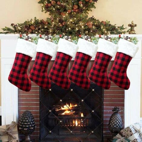 3 Pak 16,5 Tommer Buffalo Plaid Jule Strømpe med Plys Cuff Strømpe Rustik Jule Strømpe Ornament Sæt til Fa