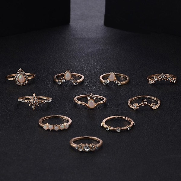 10 stk./sæt Dame Vanddråbe Stjerne Krone Faux Opal Stable Knuckle Midi Finger Ring