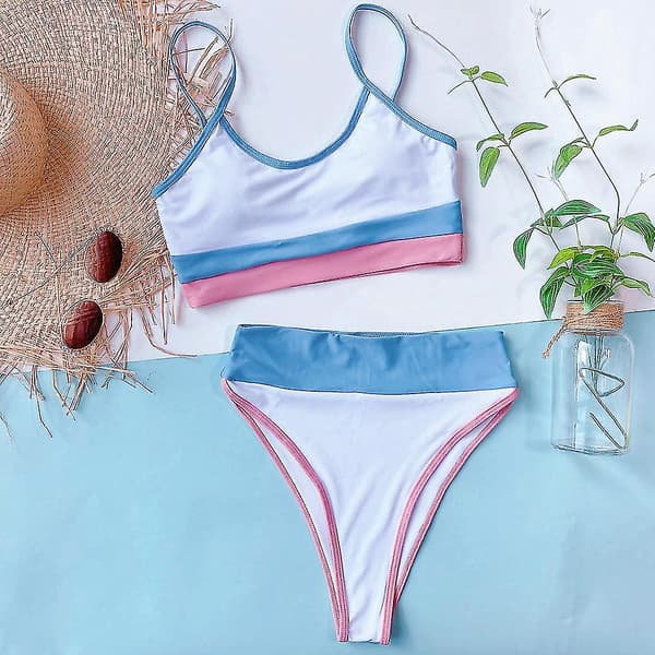 Dam Bikinisätt med Hög Midja, Patchwork, Sommarstrandkläder White and Blue S