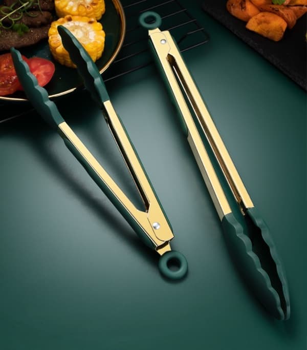 Silikone Madtang Bøftang BBQ Tang Isolationstang (Mellem Grøn + Guld)