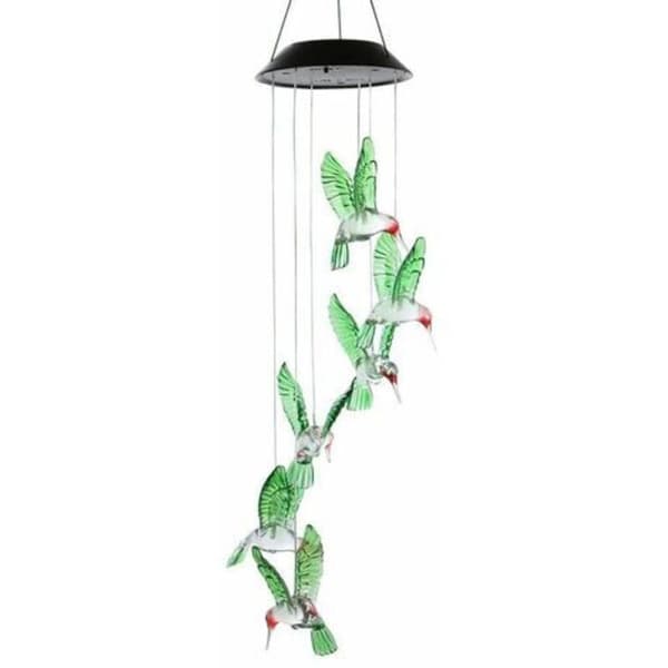 Fargeskiftende LED-vindklokker med solcelle og kolibri-design for hagebelysning