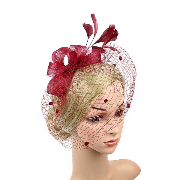 Faux fjer net garn hat ensfarvet fascinator bryllupper te-selskab hovedbeklædning hår ornament til Rose Red