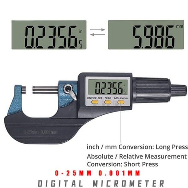 Elektronisk mikrometer Mikrometer Veggtykkelsesmikrometer Digitalt mikrometer 0-25mm 0.001MM