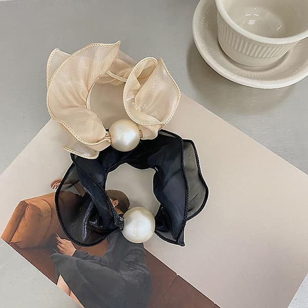 Dame Beaded Hårbånd Blødt Silke Hår Elastikker Bøjle Hårbånd Ponytail Holder Til Piger Beige