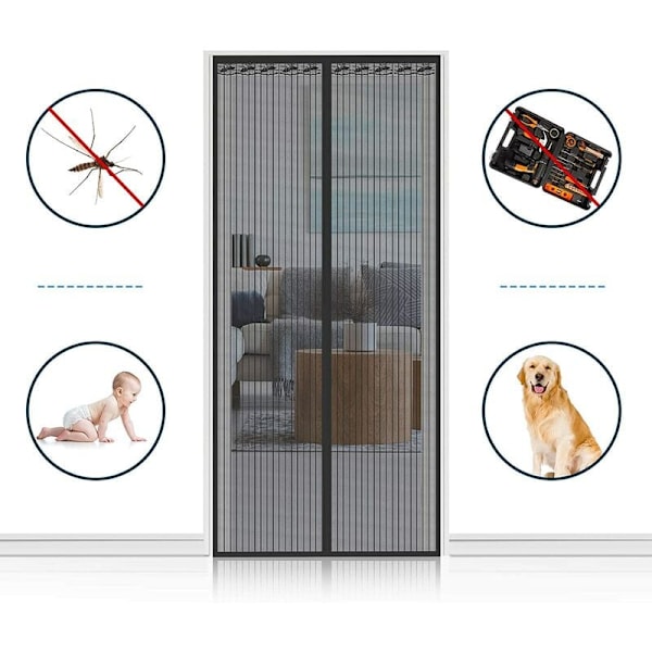 Myggenet Magnetisk Dør 90x210 cm, Ultra Fint Mesh, Magnetisk Lukning, Klæbestrimmel Uden Boring, Myggenet