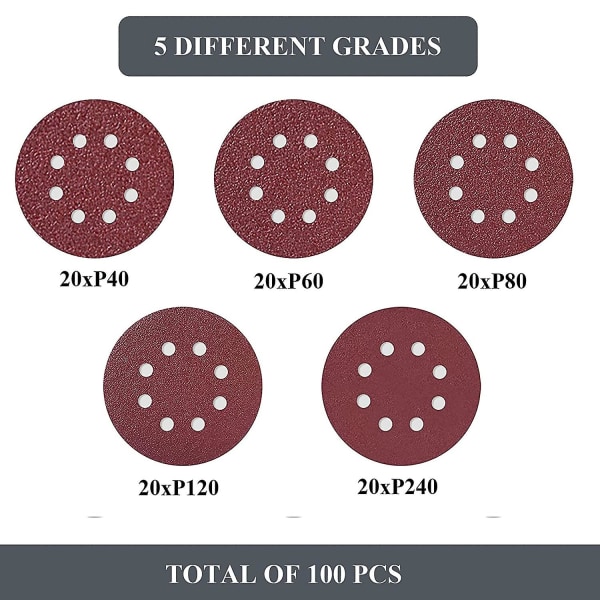 Sandpaper Sanding Disc Set 125mm 100 Pieces Sandpaper 8 Holes Round 20x P40/p60/p80/p120/p240 Grit Sanding Disc For Orbital Sander For Wood Metal Pa