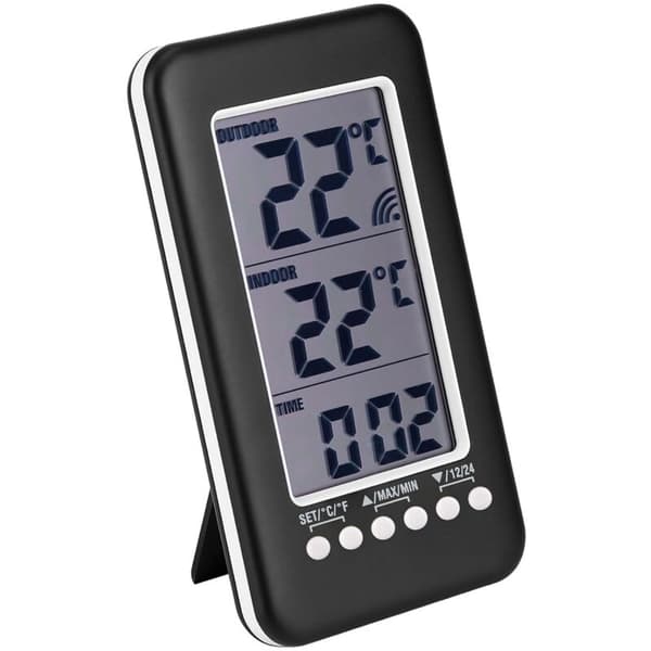 Trådløst indendørs/udendørs termometer – Digitalt LCD-display – Rækkevidde -40 til 70 °C – Digitalt ur – Væg- og bordmontering