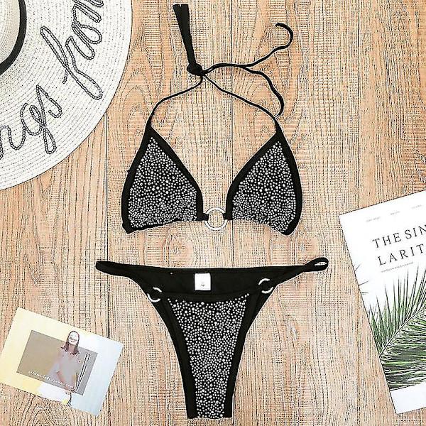 Sexy dame Rhinestone Crystal Push-up Bikini Set BH badedrakt strand badetøy Black M