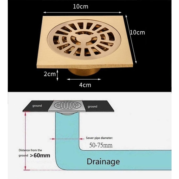 4 tommers kvadratisk dusjgulvrist i messing med avtakbart deksel, hårfanger for kjøkken, toalett