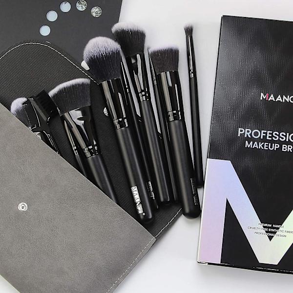 Sminkborstar 15 st Sminkborste Set Premium Syntetisk Foundation Puder Concealers Ögonskuggor Rouge Svart Borste Set Med Grå Väska