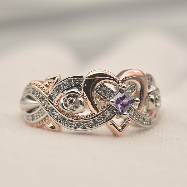 Mode Kvinder Faux Amethyst Hjerte Bryllup Forlovelse Blomster Ring Smykker Gave US 10