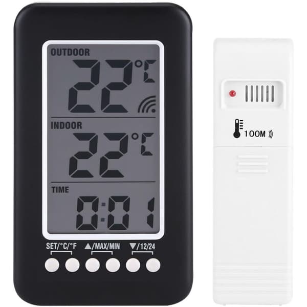 Trådløst indendørs/udendørs termometer – Digitalt LCD-display – Rækkevidde -40 til 70 °C – Digitalt ur – Væg- og bordmontering