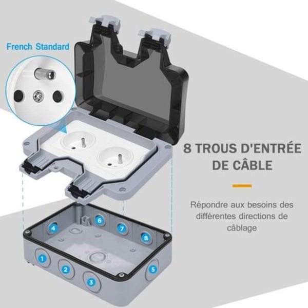 Vedenpitävä pistorasia, kaksinkertainen ulkokäyttöön tarkoitettu pistorasia, IP66, vedenpitävä seinäpistorasia, 16 A