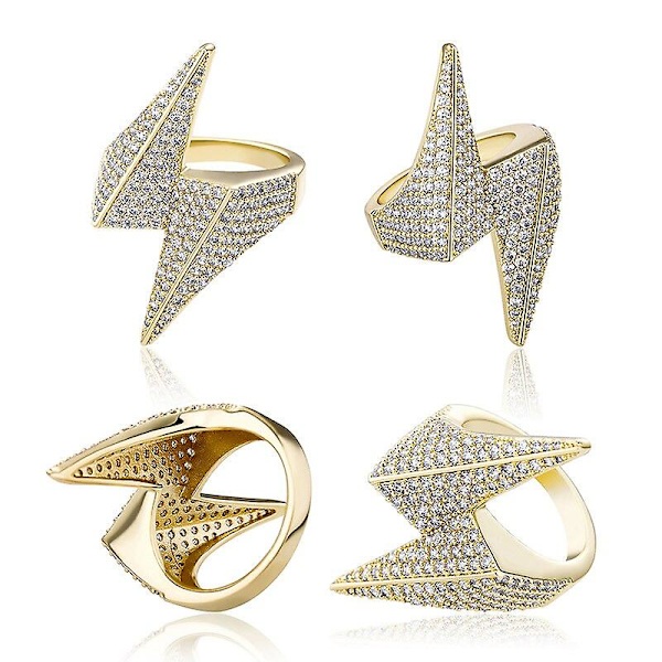 Hiphop-mode Bling Lightning Ringar Isad Ut Cubic Zirkon Guld Silver Färg Personlighet Smycken Storlek 7-11 För Män Kvinnor Gold