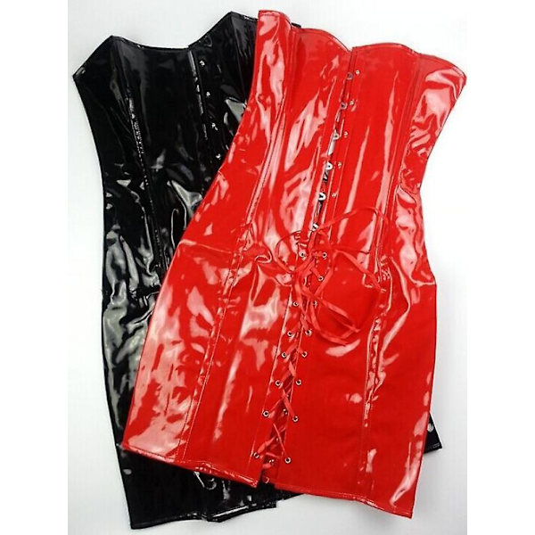Steampunk-naiset kiiltävä PU-nahkainen Overbust pitkä korsetti mekko vyötärövalmentaja Bustiers Corselet Sexy Deep V-kaula lyhyt ulkoiluvaatteet Black Satin 4XL