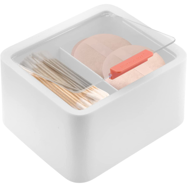 Tip og Q-tip badeværelsesarrangør med låg - Hvid dispenserbeholder med 2 sektioner til vatpinde, makeupsvampe, tand