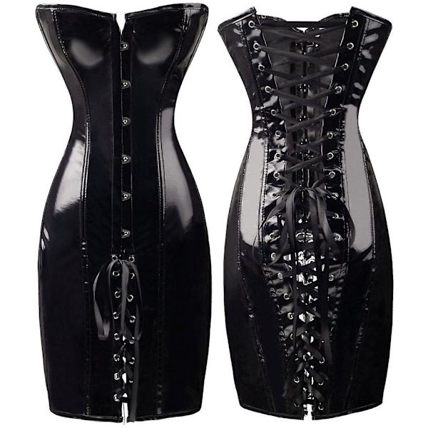 Steampunk-naiset kiiltävä PU-nahkainen Overbust pitkä korsetti mekko vyötärövalmentaja Bustiers Corselet Sexy Deep V-kaula lyhyt ulkoiluvaatteet Black Satin 4XL