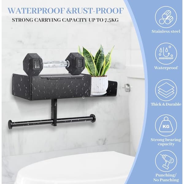 Mat sort vægmonteret toiletpapirholder – Rustfrit stål – Borefri installation – Integreret tissueboks