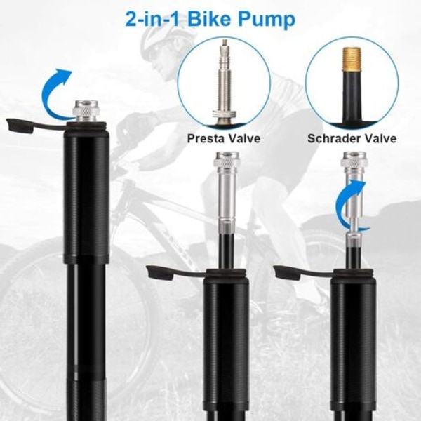 Sykkelpumpe, mini høytrykkspumpe 160PSI/11 barventil Passer Presta/Schrader lettvekts aluminiumslegering håndpumpe for vei