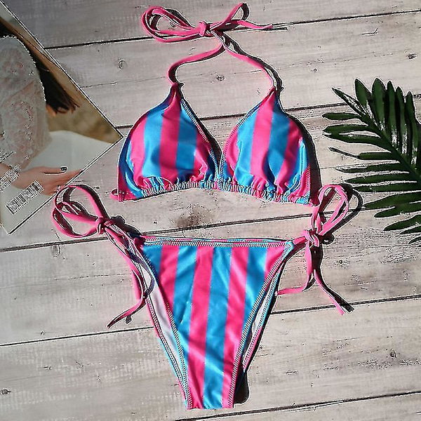 Sexy Bikini Thong Set med Push-Up Polstring for Kvinner - Sommerstrand Badetøy Striped Blue Pink L