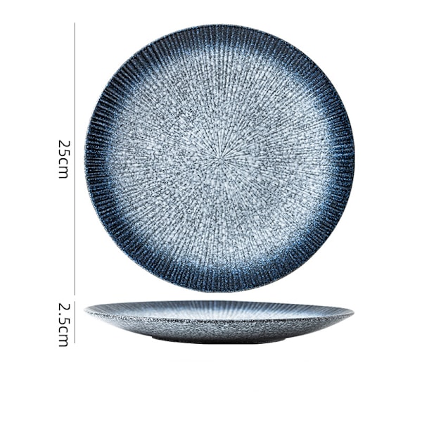 Japanilaistyylinen lautanen, keraaminen lautanen, raidallinen länsimainen lautanen, pihvilautanen, pastalautanen, kotitalouden hedelmäsalaattilautanen, safiirinsininen, 10 tuumaa (25*25*2