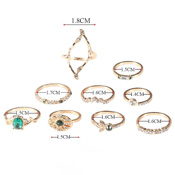 9-delat set med damring i ihåligt rombiskt/ovalt utförande med strass, staplingsbar knut- och midi-ring