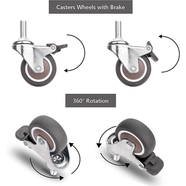 Møbelhjul, 2 stk. Drejelige Hjul med Bremse + 2 stk. Drejelige Hjul uden Bremse, M10x25mm Universelle Møbelhjul, Belastningsevne 40kg