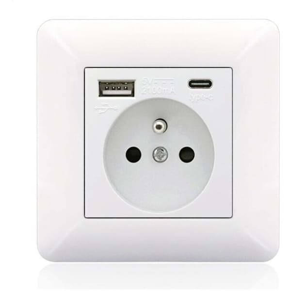 Fransk Type-C+USB16A Type 86 stikkontaktpanel, antall stikkontakter: 2 hull, antall USB-porter: 1, antall Type-C-porter: 1, sikker og solid (hvit bue)