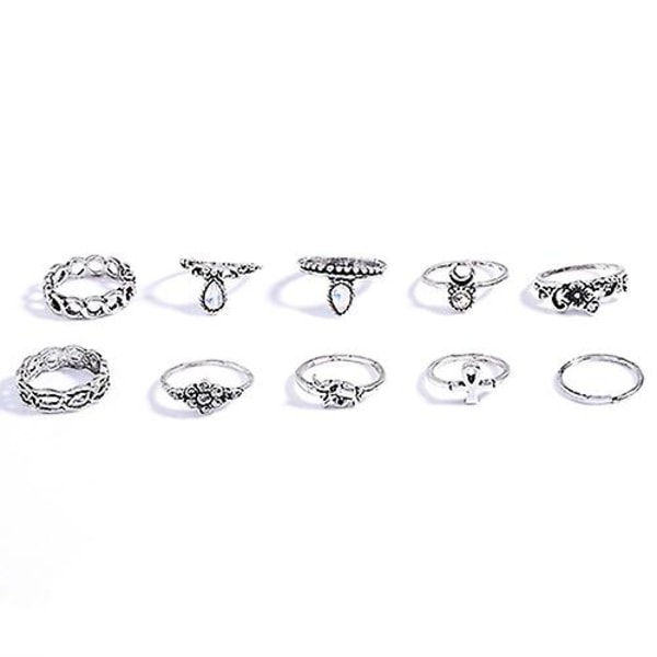 10 st/set Retro Boho Elefant Blomma Måne Ovan Knog Ringar Smycken Silver