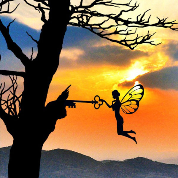Fairy Silhouette Staty Svart Järnkonst Dekorativ Metallhantverk Utomhus Trädgren Elf Silhouette Ornament För Patio
