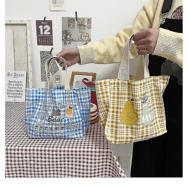 Bærbar frokostpose koreansk ternet Tote Picnic mad print mønster kvinder lille Tote sød børn Box(gul)