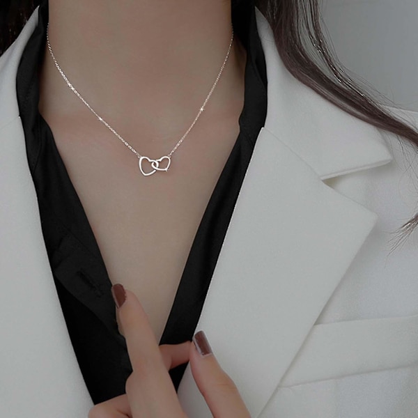 Halsband för damer i legering med persikaformade hjärtan, dubbelt hjärta, kärlekshalsband i silver