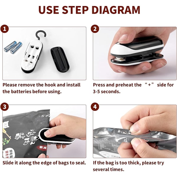 Mini Poseforsegler, 3 Pak Portable Termisk Vakuumforsegler, Chipposeforsegler med Skærer 2 i 1 Madvarmeforsegler Genlukkelig B