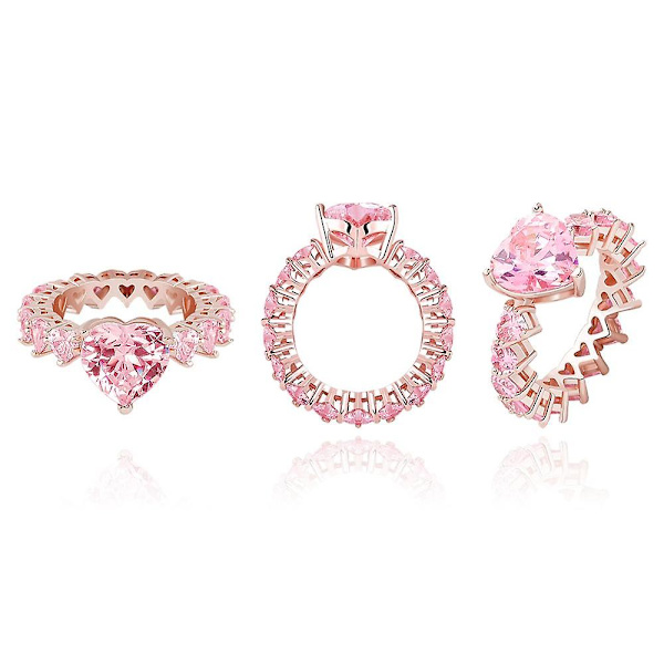 Hjärtformade ringar för kvinnor i koppar med guldton, isbelagda kubiska zirkonringar, hiphop-modeaccessoarer, present Pink
