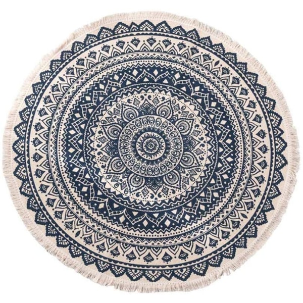 Round 120cm Cotton Rug Machine Washable Hand Woven Entrance Floor Mat Rug with Tassel for Home Kitchen Living Room Bedro