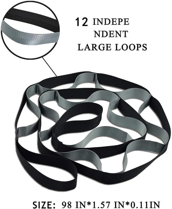 Yogarem, Multi-loop rem, 12-loop yogastretchrem, Icke-elastisk stretchrem för sjukgymnastik, pilates, dans och gymnastik med väska Black