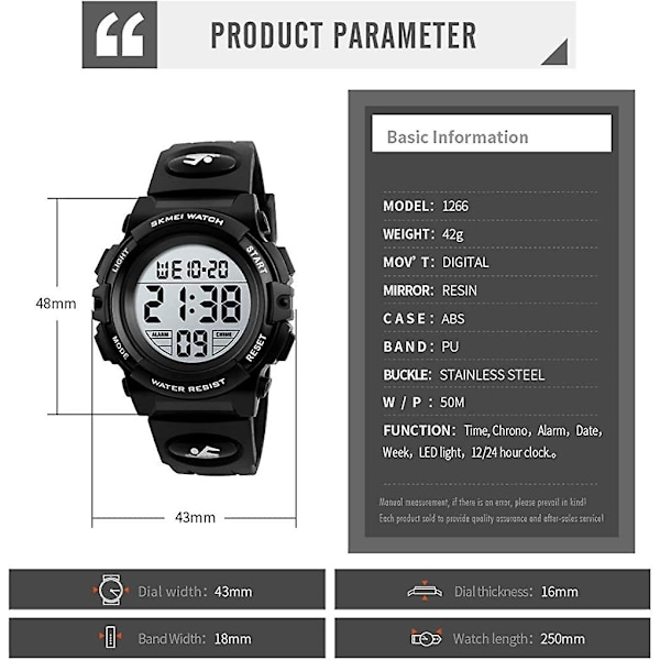 Barnklocka Digital Sport Vattentät Elektronisk Barnklocka Alarmklocka 12/24 H Stoppur Kalender Pojkflicka Armbandsur