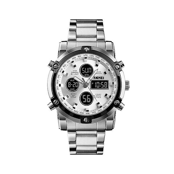 Herreklokke i rustfritt stål, vanntett analog og digital armbåndsur J3743 - 48 mm - Sølv