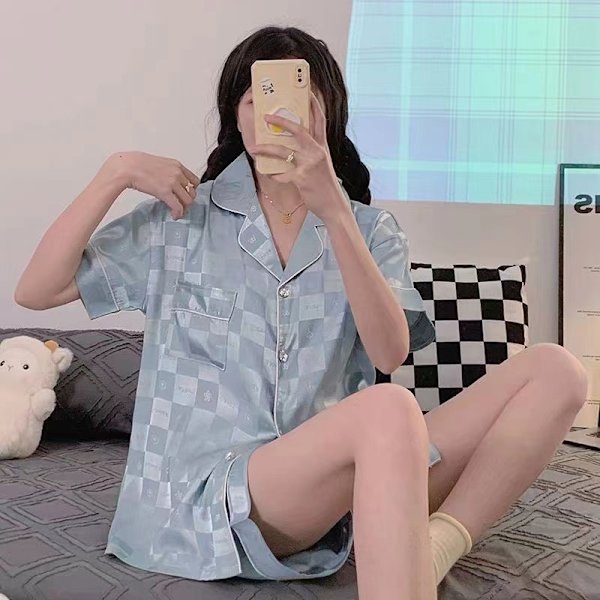 Pyjamas til kvinder, langærmet i is-silke, let luksus, blonder, imiteret silke, tynd hjemmetøjssæt til forår og sommer blue M