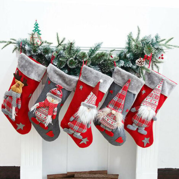5-pack Svenska Julstrumpor Tomte Nisse Skandinavisk Strumpa Julstrumpor med 3D Plysch