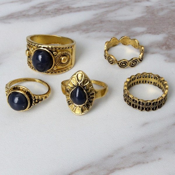 5 stk./sæt Bohemian Vintage Blå Sten Legering Fingerring Kvinder Charmerende Smykker Antique Golden