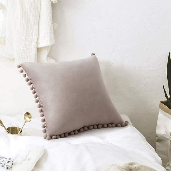 Set 2 samettia tyynynpäällistä Koristeellinen tyynyliina Pompom Pompom tyynytyyny Pehmeä ja kiinteä neliönmuotoisilla tyynyillä sohvalle Makuuhuoneen sohva 45x45cm 16 x16 Grey With Pink Hue