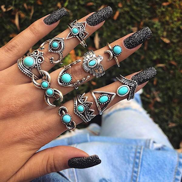 11 st Hollow Feather Stackable Knuckle Rings Etniskt Stil Blommor Faux Gem Finger Rings Smycken Tillbehör