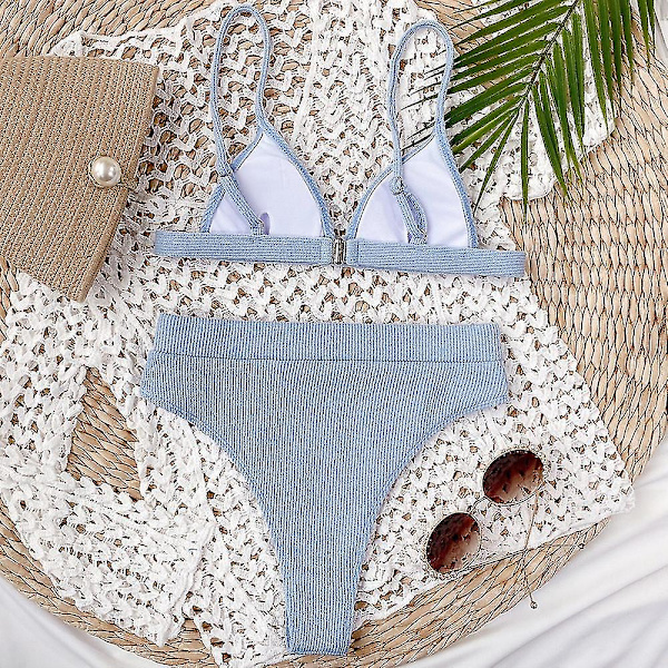 Dam Bikinisätt med Hög Midja Push Up, Baddräkt, Strandkläder Blue L