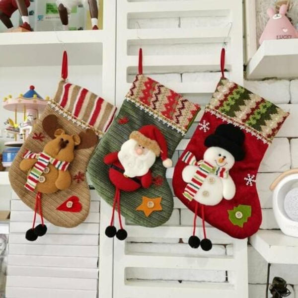 Set med 3 stilar 10\" Julgranshängande strumpa Tomte Snögubbe Presentstrumpa Juldekoration